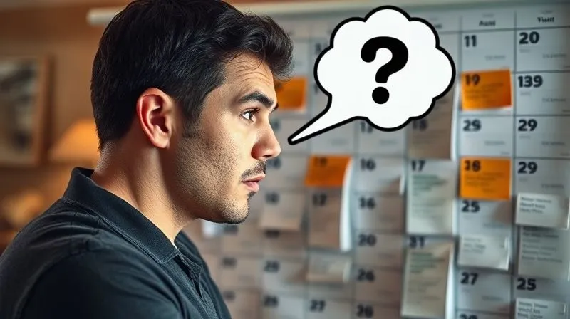 A photorealistic image of a confused person looking at a cluttered calendar, with thought bubbles showing conflicting appointments and a question mark. Cinematic lighting, sharp focus, depth of field blurring the background, 8K hyper-detailed, professional photography, shot on a high-end DSLR.