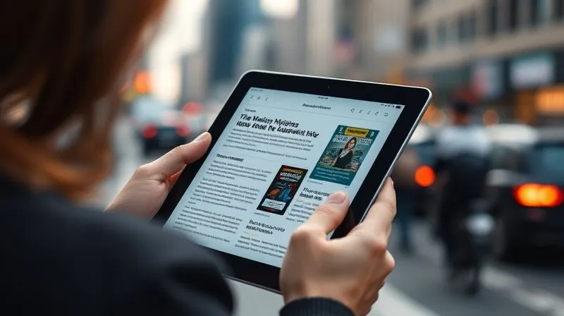 A photorealistic image of a person smoothly scrolling through a news article on a modern, sleek tablet, with perfect readability and no intrusive ads. The background shows a blurred, bustling city, emphasizing a seamless digital experience amidst everyday life. Cinematic lighting, sharp focus on the tablet screen, depth of field, 8K hyper-detailed, professional photography, shot on a high-end DSLR.