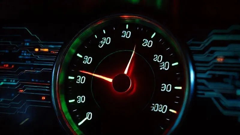 A photorealistic image of a digital speedometer with a needle pointing to a 'fast' green zone, with abstract lines of data flowing behind it, symbolizing optimized web performance. Cinematic lighting, sharp focus, depth of field, 8K hyper-detailed, professional photography, shot on a high-end DSLR. Emotional resonance: speed and efficiency.