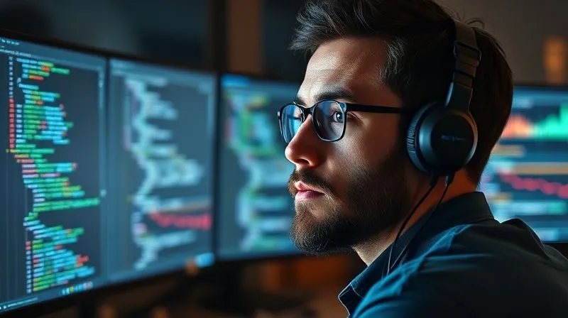 A photorealistic image of a developer looking intently at multiple monitor screens displaying complex code and performance graphs, with a focused expression. Cinematic lighting, sharp focus on the developer's face and screens, depth of field blurring the background, 8K hyper-detailed, professional photography.