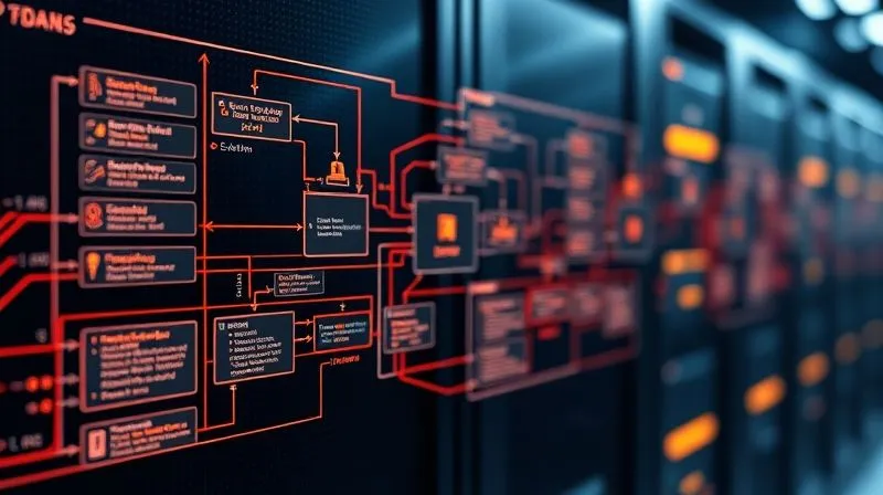 A photorealistic image of a complex database schema diagram overlayed with glowing lines representing optimized data flow, with a server rack in the background. Cinematic lighting, sharp focus on the data flow, depth of field blurring the background, 8K hyper-detailed, professional photography.