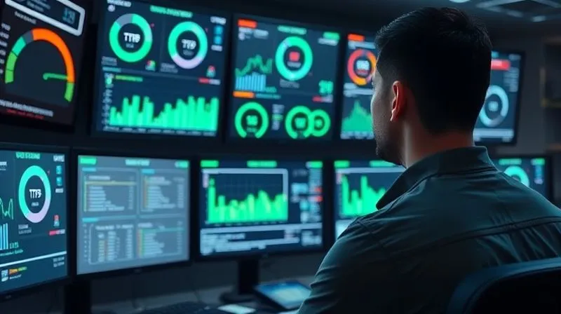 A photorealistic image of a futuristic control room with multiple screens displaying real-time performance dashboards, showing metrics like TTFB, CPU usage, and network traffic with green indicators. A developer is observing the data, ready to act. Cinematic lighting, sharp focus on the screens, depth of field, 8K hyper-detailed, professional photography.