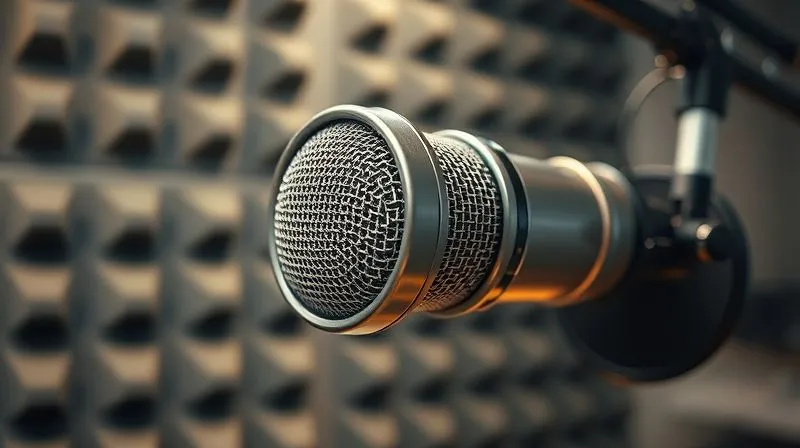 A photorealistic close-up of a high-end studio condenser microphone with a pop filter, suspended on a boom arm in a professional radio booth. The microphone's intricate grille is in sharp focus, capturing minute details. The background is softly blurred, showing sound-absorbing foam panels. Cinematic lighting highlights the metallic sheen of the microphone, creating an inviting, clean audio aesthetic. 8K, shot on a high-end DSLR.
