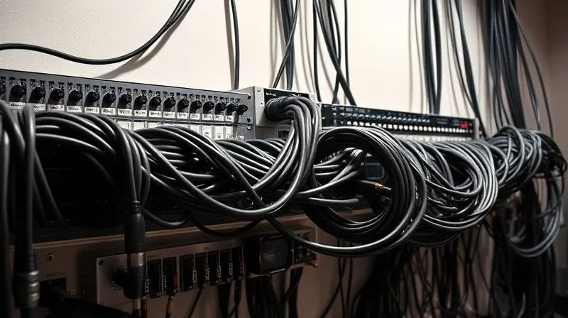 A photorealistic intricate network of professionally managed audio cables, neatly bundled and labeled, connecting various studio equipment like a mixer, interface, and microphone. The cables are high-quality, balanced XLRs, clearly showing their robust shielding. Cinematic lighting casts soft shadows, emphasizing the order and precision. The background is a clean, modern studio wall. 8K, shot on a high-end DSLR.