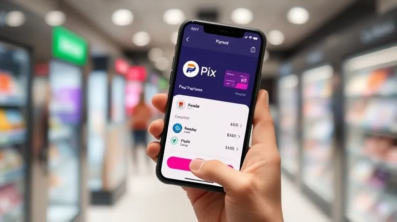 A photorealistic image showing a hand holding a smartphone displaying various payment options (Pix logo, credit card icon, digital wallet icon) on a modern e-commerce checkout screen. The background is a blurred, bustling online shopping environment. Professional photography, 8K, cinematic lighting, sharp focus on the phone screen, depth of field.