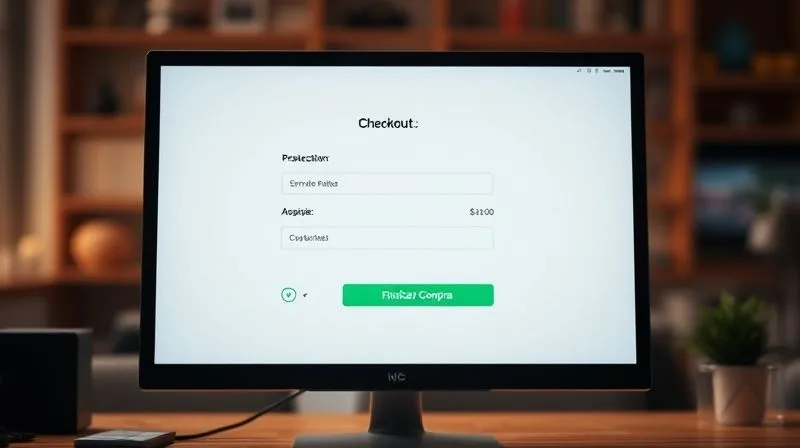 A photorealistic image of a minimalist e-commerce checkout page on a desktop monitor, displaying a clean layout with clear fields and a prominent button for 'Finalizar Compra'. A subtle green checkmark icon is visible, symbolizing a smooth transaction. Professional photography, 8K, cinematic lighting, sharp focus on the screen, depth of field blurring the background.