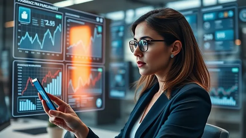 A photorealistic image of a businesswoman analyzing data on multiple holographic screens in a futuristic office, displaying graphs of financial performance and payment trends. Her expression is focused and analytical. Professional photography, 8K, cinematic lighting, sharp focus on the businesswoman, depth of field blurring the background, shot on a high-end DSLR.