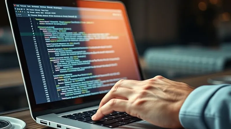 Photorealistic, professional photography, 8K, cinematic lighting, sharp focus, depth of field, shot on a high-end DSLR. A person's hand typing on a laptop, with a website's code and local business schema markup visible on the screen, surrounded by subtle elements of a city map in the background, symbolizing website optimization for local SEO.