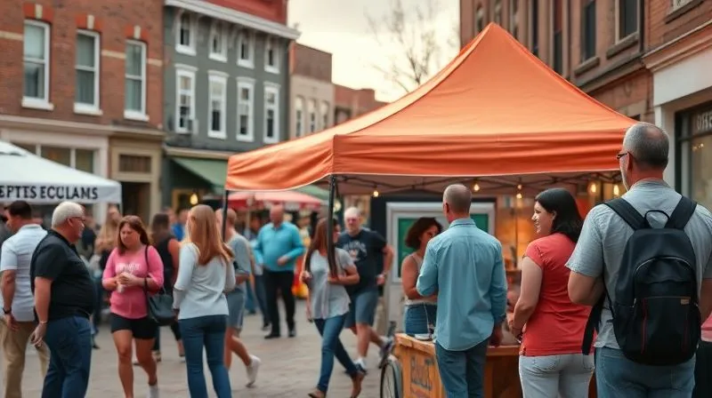 Photorealistic, professional photography, 8K, cinematic lighting, sharp focus, depth of field, shot on a high-end DSLR. A vibrant community event in a town square, with a small business tent prominently featured. People are happily interacting, a local map is subtly visible in the background, conveying a sense of local engagement and community connection for a business.