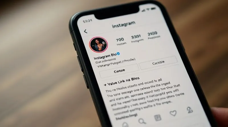 A photorealistic close-up of a smartphone screen displaying an optimized Instagram profile for a clothing brand. The bio clearly states a value proposition and includes a prominent, clickable 'Link na Bio' call to action. The profile picture is a stylish logo. Cinematic lighting, sharp focus on the phone screen, depth of field blurring the background. Shot on a high-end DSLR, 8K hyper-detailed, professional photography.