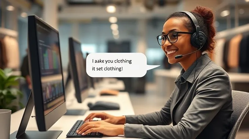 A photorealistic image of a friendly customer service representative smiling while typing on a computer, with a stylized chat bubble overlay showing a conversation about clothing. The background is a modern, clean office environment. Cinematic lighting, sharp focus on the representative and chat, depth of field blurring the office. Shot on a high-end DSLR, 8K hyper-detailed, professional photography.