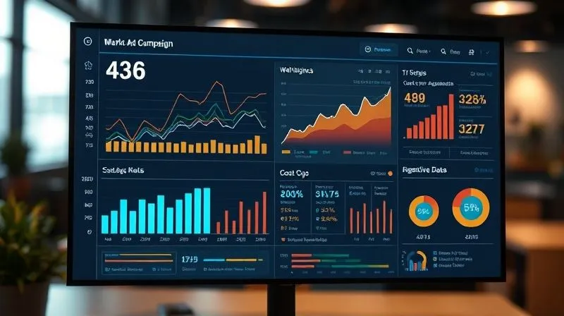 A photorealistic image of a digital marketing dashboard displaying various ad campaign metrics, including conversion rates, cost per acquisition, and segmented audience data. Upward-trending graphs and positive KPIs are highlighted. Cinematic lighting, sharp focus on the dashboard, depth of field blurring a modern office background. Shot on a high-end DSLR, 8K hyper-detailed, professional photography.