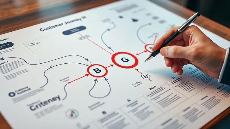 Photorealistic image of a detailed digital customer journey map laid out on a table, with various touchpoints and arrows connecting them. A person's hand with a pen is pointing at a specific bottleneck or 'leak' in the funnel, highlighted with a red circle. Cinematic lighting, sharp focus on the map and hand, depth of field blurring the background. 8K hyper-detailed, professional photography, shot on a high-end DSLR.