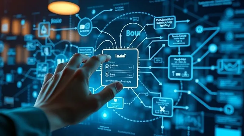 Photorealistic image of a complex digital marketing automation workflow represented by interconnected nodes and arrows on a futuristic transparent screen, with data flowing through it. A hand is interacting with the screen, adjusting settings for personalized customer journeys. Cinematic lighting, sharp focus on the screen and hand, depth of field blurring the background. 8K hyper-detailed, professional photography, shot on a high-end DSLR.
