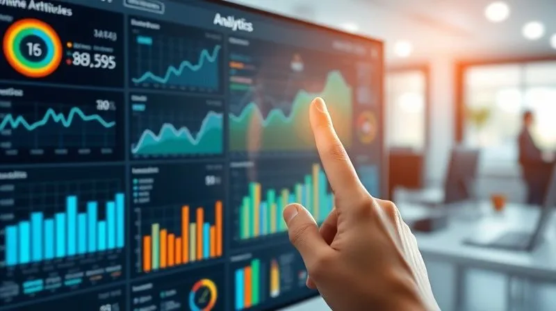 Photorealistic image of a sophisticated digital analytics dashboard displaying various charts, graphs, and KPIs related to website traffic, conversion rates, and user behavior. A hand is pointing at a specific metric showing an upward trend, indicating successful optimization. Cinematic lighting, sharp focus on the data visualization, depth of field blurring a modern office background. 8K hyper-detailed, professional photography, shot on a high-end DSLR.