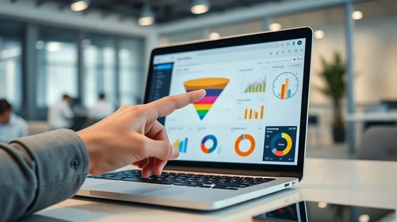Photorealistic, professional photography, 8K, cinematic lighting, sharp focus, depth of field, shot on a high-end DSLR. A person's hand pointing at a laptop screen displaying a complex, colorful funnel chart with clear drop-off points, surrounded by various analytical graphs and metrics. The background is a modern, clean office space, reflecting deep analysis.