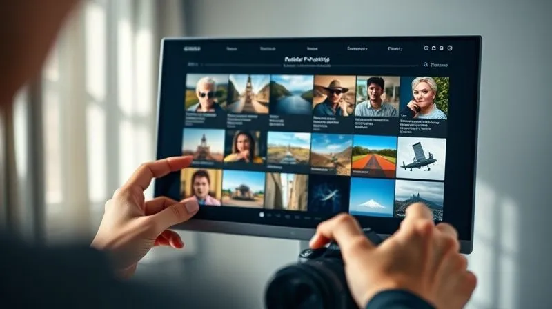 Photorealistic, professional photography, 8K, cinematic lighting, sharp focus, depth of field, shot on a high-end DSLR. A beautifully curated online photography portfolio displayed on a sleek monitor, showcasing diverse, high-quality images with subtle, elegant descriptions. The screen is framed by a photographer's hands, suggesting thoughtful selection and presentation, with soft, natural light.