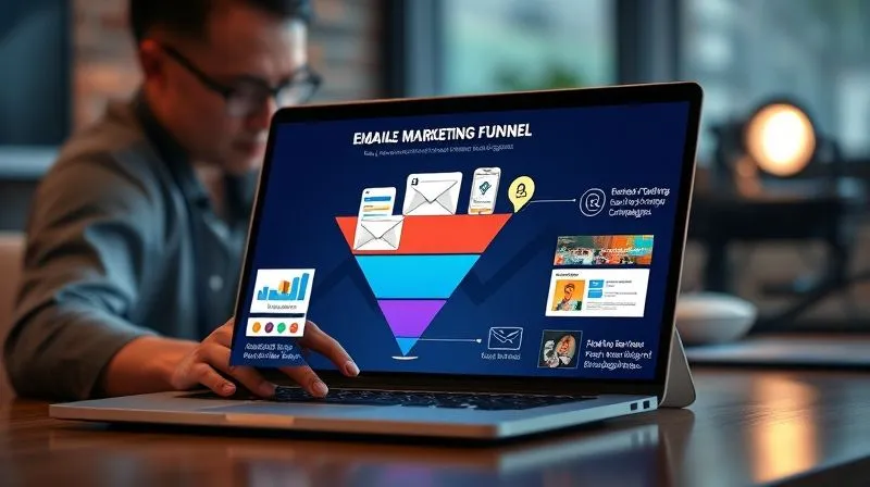 Photorealistic, professional photography, 8K, cinematic lighting, sharp focus, depth of field, shot on a high-end DSLR. A stylized marketing funnel graphic is overlaid on a laptop screen showing email marketing campaigns and retargeting ads. The funnel is bright and engaging, emphasizing customer retention and re-engagement, with a blurred background of a photographer working on a computer.