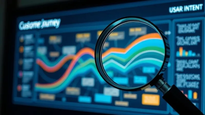 Photorealistic, professional photography, 8K, cinematic lighting, sharp focus, depth of field, shot on a high-end DSLR. A detailed, illuminated infographic representing a customer journey map, with different stages clearly marked and interconnected. A magnifying glass hovers over one section, symbolizing deep analysis of user intent. The background is a clean, modern digital interface, conveying strategic planning.