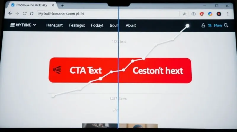 Photorealistic, professional photography, 8K, cinematic lighting, sharp focus, depth of field, shot on a high-end DSLR. A split-screen showing two distinct Call-to-Action (CTA) buttons on a website. One button is less prominent and has a generic text, while the other is vibrant, strategically placed, and has compelling text. An overlay graph indicates significantly higher click-through rates for the optimized button, conveying the power of A/B testing.