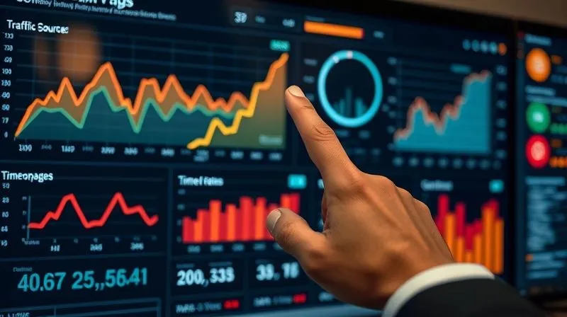 Photorealistic, professional photography, 8K, cinematic lighting, sharp focus, depth of field, shot on a high-end DSLR. A complex digital dashboard displaying various marketing analytics: conversion rates, traffic sources, time on page, and bounce rates. A hand points to a rising conversion graph, with other metrics dynamically adjusting. The scene emphasizes data analysis and continuous optimization in a modern workspace.