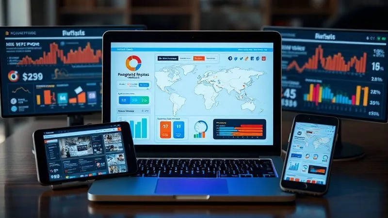 A photorealistic image of multiple digital screens (laptop, tablet, smartphone) displaying parts of the same infographic, with social media icons and email interfaces visible, suggesting widespread distribution. Cinematic lighting, sharp focus on the central laptop screen, depth of field blurring the other screens, 8K, high-end DSLR.