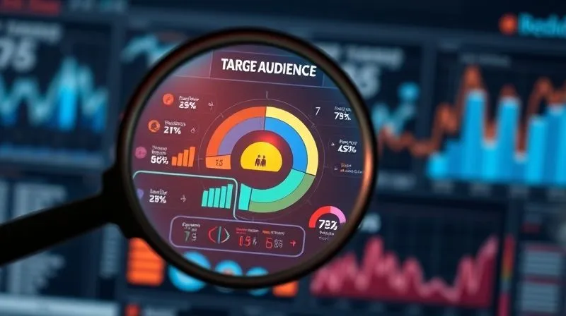 Photorealistic, professional photography, 8K, cinematic lighting, sharp focus, depth of field, shot on a high-end DSLR. A magnifying glass hovering over a complex infographic illustrating target audience demographics and psychographics, with a bright spotlight on a specific, narrow segment. The background is a blurred digital marketing analytics dashboard, emphasizing precision and insight.