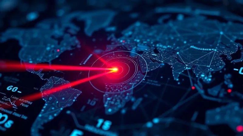Photorealistic, professional photography, 8K, cinematic lighting, sharp focus, depth of field, shot on a high-end DSLR. A laser beam precisely hitting a small, glowing target at the center of a complex, blurred digital map, representing highly targeted advertising. The colors are vibrant where the laser hits, fading into blues and purples in the background.