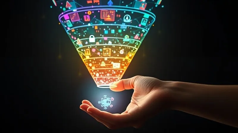 Photorealistic, professional photography, 8K, cinematic lighting, sharp focus, depth of field, shot on a high-end DSLR. A complex, multi-stage digital marketing funnel, glowing with different colors at each stage (awareness, consideration, conversion). Data streams flow smoothly from top to bottom, with a hand placing a final, crucial piece at the bottom, symbolizing a successful conversion. The background is dark and futuristic, highlighting the illuminated funnel.