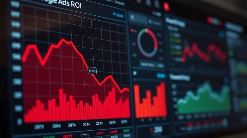 A photorealistic, professional photography image of a digital dashboard displaying complex Google Ads metrics. One graph shows a sharp decline in ROI, highlighted in red, while another section shows high CPC and low conversion rates. Cinematic lighting, sharp focus on the problematic data points, depth of field blurring the background. 8K hyper-detailed, shot on a high-end DSLR, conveying a sense of urgent analysis and problem identification.