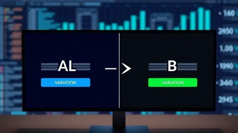 A photorealistic image depicting a digital split-screen, with one side showing an online ad or landing page variation A (e.g., blue button) and the other side showing variation B (e.g., green button). Arrows indicate traffic flowing to both. Cinematic lighting, sharp focus on the comparison, depth of field blurring a background of data analytics. 8K hyper-detailed, professional photography, shot on a high-end DSLR, illustrating A/B testing in action.