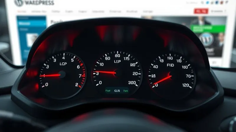 Photorealistic image of a digital dashboard displaying three distinct gauges for LCP, FID, and CLS, with needles in the red zone, indicating poor performance. The background is a blurred, fast-moving WordPress website. Cinematic lighting, sharp focus on the gauges, depth of field. 8K hyper-detailed, professional photography, shot on a high-end DSLR.