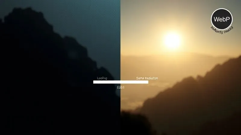 Photorealistic split image showing two versions of a high-resolution photograph. On the left, the original, pixelated and slow-loading, with a loading spinner. On the right, the same photo, perfectly sharp and instantly loaded, with a 'WebP' badge. Cinematic lighting, sharp focus, depth of field. 8K hyper-detailed, professional photography, shot on a high-end DSLR.