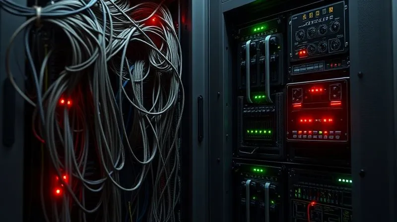 Photorealistic image of two server racks. One rack is old, dusty, with tangled wires and blinking red lights, symbolizing a slow, inefficient server. The other rack is sleek, modern, with clean wiring and green lights, representing a high-performance, optimized server. Cinematic lighting, sharp focus on the contrast, depth of field. 8K hyper-detailed, professional photography, shot on a high-end DSLR.
