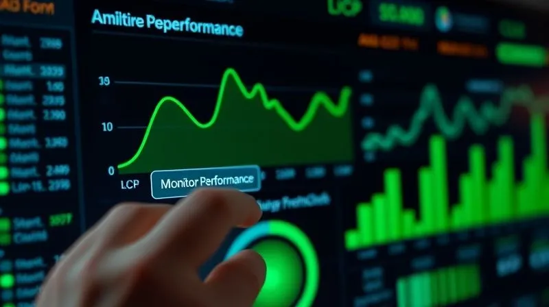 Photorealistic image of a digital dashboard displaying real-time performance metrics with green graphs trending upwards for LCP, FID, and CLS. A hand is hovering over a 'Monitor Performance' button. Cinematic lighting, sharp focus on the data, depth of field. 8K hyper-detailed, professional photography, shot on a high-end DSLR.