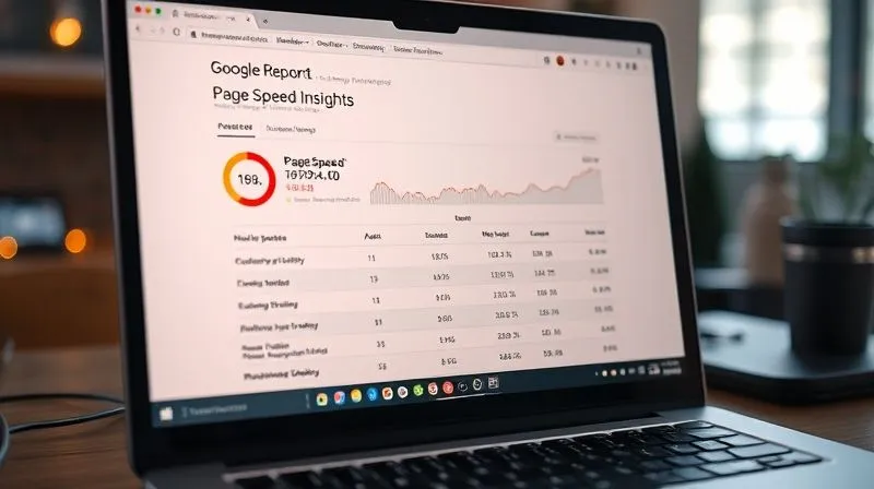 A photorealistic image of a desktop computer screen displaying the Google PageSpeed Insights report with critical performance metrics highlighted in red. Professional photography, 8K, cinematic lighting, sharp focus on the report, depth of field, shot on a high-end DSLR.