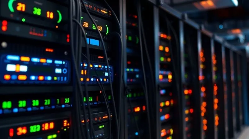 A photorealistic image of a complex web server rack with blinking lights and network cables, representing optimized data flow and fast processing. Professional photography, 8K, cinematic lighting, sharp focus, depth of field, shot on a high-end DSLR.