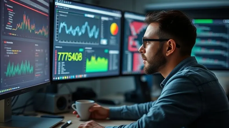 A photorealistic image of a calm, focused web developer looking at multiple screens displaying performance dashboards and code, with a cup of coffee nearby. Represents continuous monitoring and proactive maintenance. Professional photography, 8K, cinematic lighting, sharp focus on the developer and screens, depth of field, shot on a high-end DSLR.