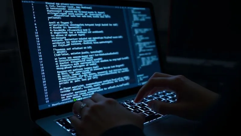 A photorealistic image of a developer's hands typing rapidly on a keyboard, with lines of clean, optimized code glowing on a screen in a dark room. The code should appear elegant and efficient, possibly showing a representation of an optimized algorithm. Cinematic lighting, sharp focus on the hands and screen, depth of field blurring the background. 8K hyper-detailed.