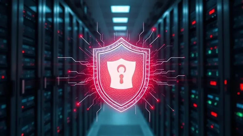 A photorealistic, professional photography shot of a digital shield protecting a complex server infrastructure, with red warning lights and chaotic data streams being blocked by the glowing shield. The scene should convey security and resilience against threats. Cinematic lighting, sharp focus on the shield, depth of field blurring the background. 8K hyper-detailed.