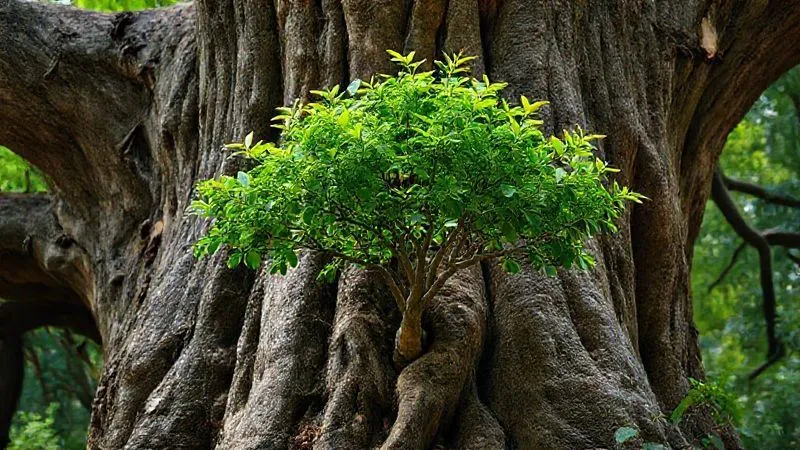 A photorealistic image of a vibrant, healthy young tree growing around a decaying, ancient tree trunk, symbolizing the Strangler Fig pattern for legacy system modernization. Cinematic lighting, sharp focus on the growth, 8K hyper-detailed.