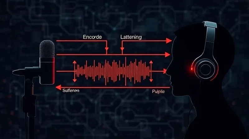 A photorealistic intricate diagram of data flow from a microphone to a listener's headphones, showing various stages like encoding, network transmission, and buffering, with small red arrows indicating points of latency accumulation. The diagram is clean, professional, and uses subtle cinematic lighting to highlight the data packets. 8K hyper-detailed, shot on a high-end DSLR.