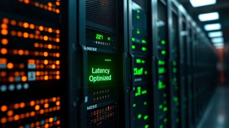 A photorealistic image of a server rack with blinking lights, surrounded by a subtle digital network overlay. One server unit is highlighted, with a glowing green progress bar indicating 'Latency Optimized' and a complex, efficient data flow visualization. Cinematic lighting, sharp focus on the server, depth of field blurring the background of a data center. 8K hyper-detailed, shot on a high-end DSLR.