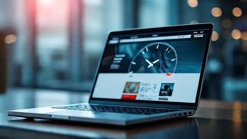A photorealistic, professional photography, 8K, cinematic lighting shot on a high-end DSLR of a sleek, modern e-commerce website loading instantly on a high-performance laptop screen, with a blurred background showing a digital speedometer needle pointing to "OPTIMAL" or "FAST". The image conveys speed, efficiency, and a seamless user experience. Sharp focus on the screen, strong depth of field.