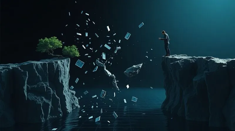 A photorealistic image of a broken digital bridge connecting two islands, one representing a thriving WordPress website and the other a worried business owner. The bridge segments are scattered, with data packets falling into a dark abyss below. Cinematic lighting, 8K hyper-detailed, sharp focus on the broken bridge, depth of field blurring the background.