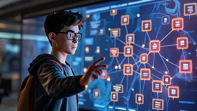 A photorealistic image showing a student avatar navigating a visually engaging, futuristic 3D learning path on a screen, with glowing nodes representing modules and achievements, all powered by AI, cinematic lighting, sharp focus, 8K, professional photography, shot on a high-end DSLR.