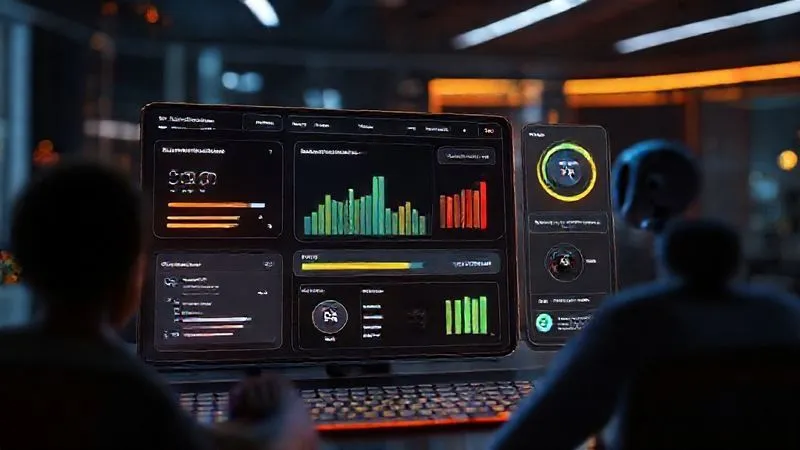 A photorealistic, sleek, and futuristic user interface of a learning platform, displaying interactive modules, progress bars, achievement badges, and a personalized AI assistant chatbot. The interface is glowing with data visualization, cinematic lighting, 8K, professional photography, shot on a high-end DSLR.