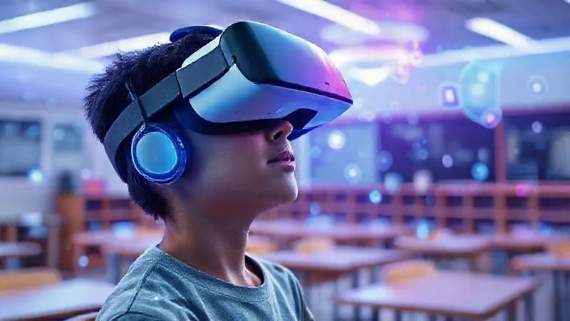 A photorealistic, visionary image of a student wearing a VR headset, immersed in a futuristic, interactive virtual classroom environment. The classroom is gamified with floating holographic elements representing achievements and progress, all powered by AI. Cinematic lighting, deep blues and purples, 8K, professional photography, shot on a high-end DSLR.