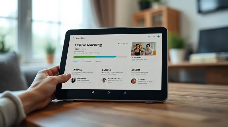 A photorealistic image of a sleek, modern online learning platform interface on a tablet, showing a clear progress bar, well-organized modules, and engaging content. Cinematic lighting, sharp focus on the screen, depth of field blurring a comfortable home office background. 8K hyper-detailed, professional photography, shot on a high-end DSLR.