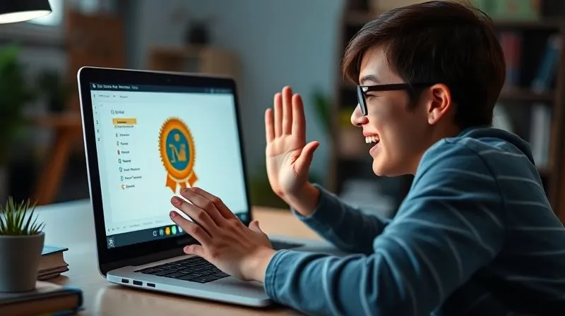 A photorealistic image showing a student receiving a virtual high-five or a badge on a laptop screen, symbolizing achievement and positive reinforcement in an online course. Cinematic lighting, sharp focus on the screen and the student's delighted expression, depth of field blurring a study environment. 8K hyper-detailed, professional photography, shot on a high-end DSLR.